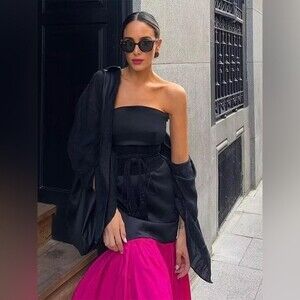 Zara Long Contrast Strapless Black Fuchsia Rhinestone Flare Hem Maxi Dress S